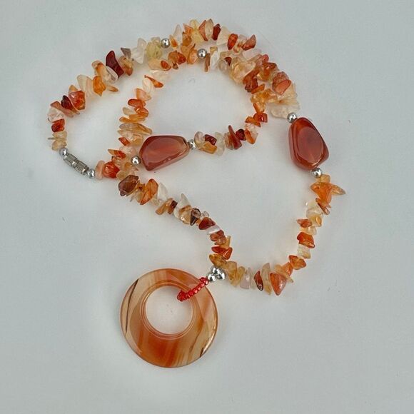 Carnelian & Agate Gemstone Chip Necklace with Banded Agate Donut Pendant - Picture 2 of 8